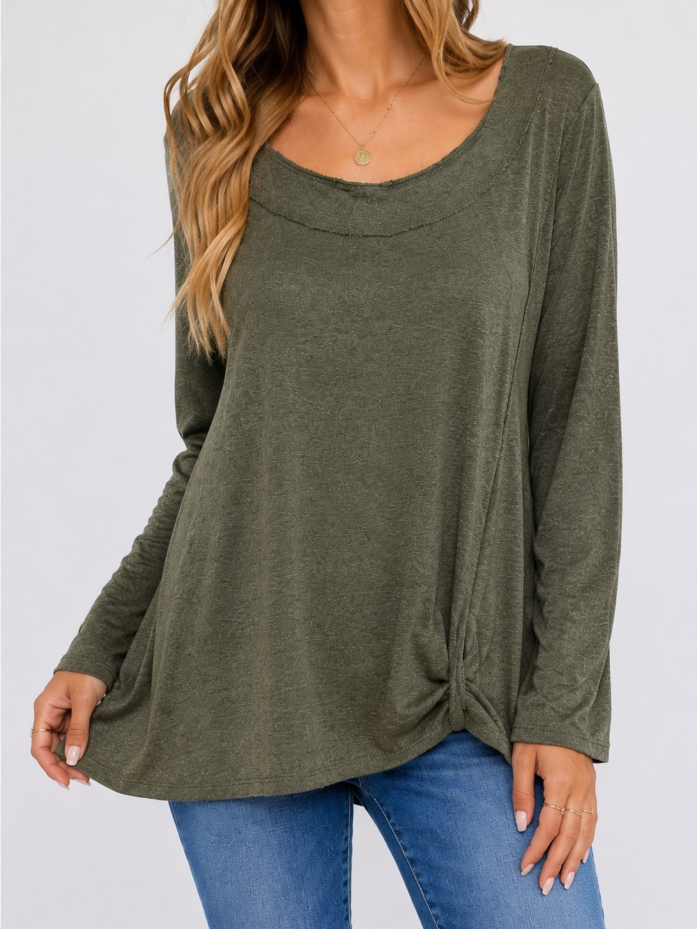 H by Bordeaux Olive Green Tunic Top L Rayon Long Sleeve Relaxed Fall